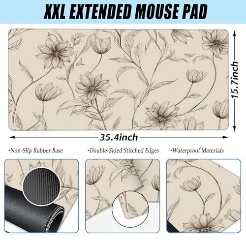 XXL Mouse Pad,Minimalist Flowers Large Gaming Mouse Pad,Abstract line Floral Desk Mat for Desktop,Extended Big Computer Keyboard Desk Pad with Non-Slip Base and Stitched Edges 35.4"x15.7" - color: Minimalist Flowers, size: XXL-35.4"x15.7"