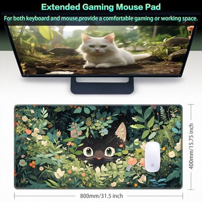 Canjoy Cute Black Cats Anime Mouse pad, 31.5x15.7inch Kawaii Computer Keyboard Mat Extended Large Gaming Mouse Pad with Non-Slip Rubber Base - color: Curious Cat