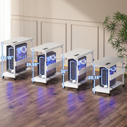 Besiost 32" Large Computer Tower Stand with Power Strips, 4 Levels Manual Height Adjustable PC Tower Stand for Under Desk, Mobile Rolling CPU Holder Computer Cart with Wheels, Carbon Fiber White - color: Carbon Fiber White, size: 32"