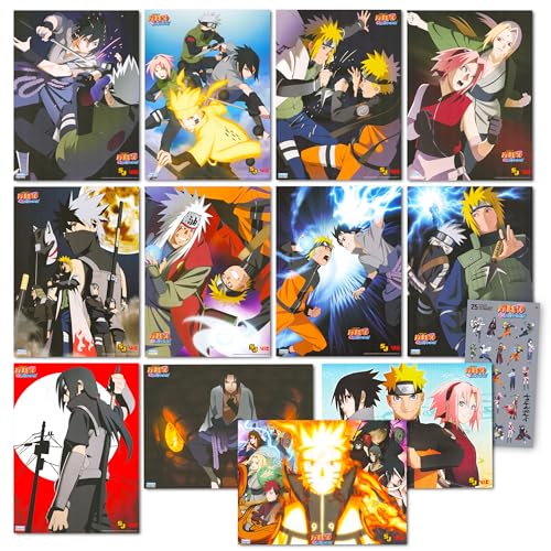 Naruto Posters for Room Decor - 12 Pc Bundle for Kids Teens Adults | 8.5" x 11" Shippuden Anime Wall Art Posters Set Plus Stickers - Naruto Decorations for Bedroom, Party Decor