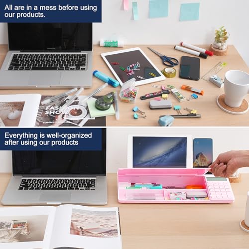 Small Glass Desktop Whiteboard Dry-Erase-Board - Computer Keyboard Stand with Calculator White Board Surface Pad with Drawer, Desk Organizers with Accessories for Office, Home, School Supplies - Pink - color: Calculator - Pink