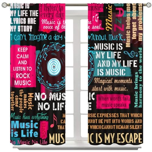 Music Notes Curtain, Jazz Rock Music Hip Hop Graffiti Window Curtains Drapes for Kids Boys Girls Teens Bedroom Living Room Bathroom 42" W X 45" L(No Blackout) - color: Musical-8, size: 20.5"W x 45"L (Pack of 2)