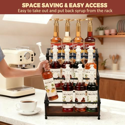 Coffee Syrup Rack Organizer, 3-Tier | Metal Bottle Holder, Holds 12 Bottles, Rustic Countertop Display Shelf, For Coffee Bar, Kitchen Cabinet, Pantry - color: 3-Tier
