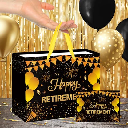 Hooqict Large Retirement Gift Bag Black Gold Happy Retirement Party Gift Bag with Handles, Wrapping Paper, Greeting Card for Men Women Coworker Teacher Farewell Going Away Party Favors - color: Retirement
