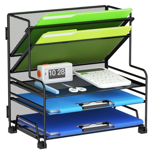 MINDEPOT 4-Tier Paper Organizer + 3-Pocket File Holder, Desktop File Organizers Paper Tray for Office School Classroom Workspace Organization (Black Desk Organizer, No Drawer & No Pen Holder) - color: Black Desk Organizer, No Drawer & No Pen Holder