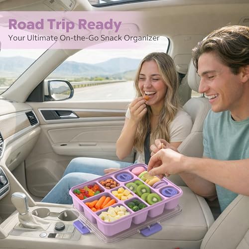 Snackle Box Container for Adults with 10 Compartment, Divided Serving Tray with Lid and Handle and 2 Sauce Containers, Portable Snack Box Container for Charcuterie Party Travel, Purple - color: Purple