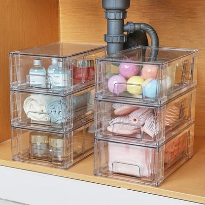 Vtopmart 6 Pack Stackable Storage Drawers,Clear Acrylic Drawer Organizers with Handles, Easily Assemble Containers for Fridge, Bathroom,Kitchen Undersink,Cabinet,Pantry Organization and Storage - size: 6Pack 4.4"H-with Dividers