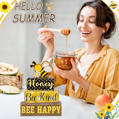 Britimes 4 Pcs Bee Wooden Tiered Tray Decor Set, Bumble Bee Table Decor Spring Daisy Honey Farmhouse Rustic Wooden Summer Coffee Table Centerpieces for Home kitchen Office Decorations - style: Bee