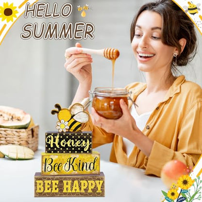 Britimes 4 Pcs Bee Wooden Tiered Tray Decor Set, Bumble Bee Table Decor Spring Daisy Honey Farmhouse Rustic Wooden Summer Coffee Table Centerpieces for Home kitchen Office Decorations - style: Bee