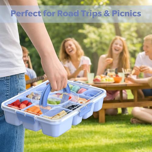 Snackle Box Container for Adults with 10 Compartment, Divided Serving Tray with Lid and Handle and 2 Sauce Containers, Portable Snack Box Container for Charcuterie Party Travel, Blue - color: Light Blue