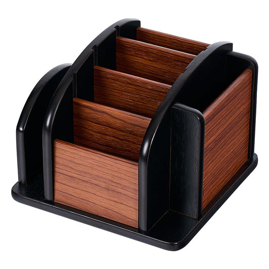 Wooden Desk Organizer with 6 Compartments, Remote Control Holder, Office Storage Caddy, Black and Brown Desk Organizer for Office Supplies