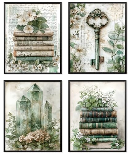 Locomiss Vintage Wall Art Decor, Sage Green Dark Floral Room Decor for Teen Girls Room, Reading Nook Library Classroom Booklish Gifts Posters 4 Pcs, Set of 4 (8x10 Unframed) - color: sage green, size: 8x10 Inches
