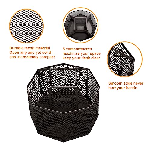 Annova Mesh Desk Organizer Rotate with 5 Compartments Spinning Tidy Candy/Pen Holder Office, Art Supply, Storage, Classroom, Home (Black) - color: Black