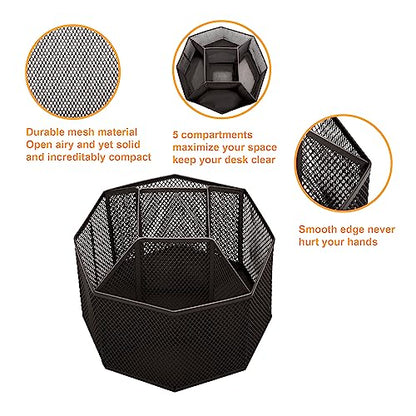 Annova Mesh Desk Organizer Rotate with 5 Compartments Spinning Tidy Candy/Pen Holder Office, Art Supply, Storage, Classroom, Home (Black) - color: Black