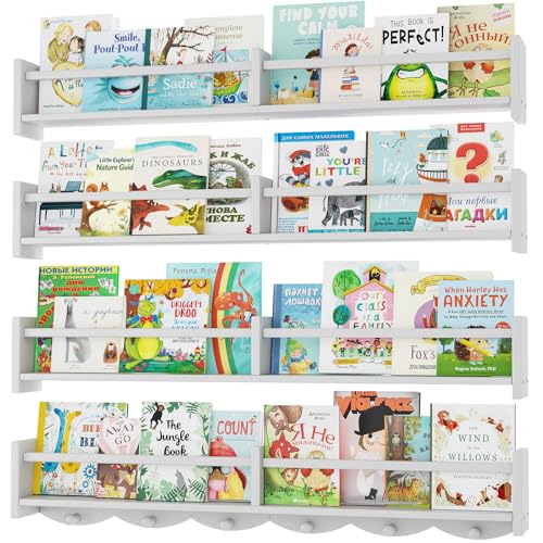 34Inch Nursery Bookshelves,Set of 4,Wall Floating Shelf Kids Coat Rack with 6Hooks,Hanging Book Shelf for Baby Nursery Room Décor ，Patent Number: 29958098(White, 34) - color: White