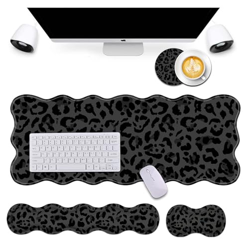 Bxgolkgd Desk Mat Set,Mouse Pad with Keyboard Wrist Rest & Mouse Wrist Rest,Wave-Shaped Design,Non-Slip Rubber Base,Ergonomic Desk Mat for Home,Office,Gaming,Black Leopard Print - color: Black Leopard Print