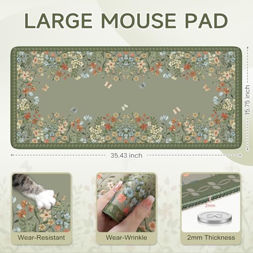 iCasso Desk Mat for Keyboard and Mouse,Large Keyboard Mat Non-Slip,Cute Desk Pad with Stitched Edges,Floral Mousepad for Women,Girly Computer Mat for Home Office Gaming(Sage Green) - color: Sage Green