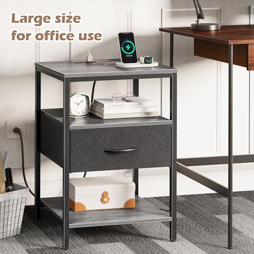 SUPERJARE Night Stand with Charger Station, 27.7 Inch Tall Nightstand with Adjustable Fabric Drawer, Bed Side Table, Fabric Drawer Dresser for Bedroom, Living Room, Charcoal Gray and Black - color: Charcoal Gray and Black, size: L (15.7"D x 17.7"W x 27.7"