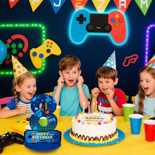 Video Game Birthday Party Decorations, Video Game Birthday Number Sign Centerpiece, 8th Table Topper Wooden Centerpiece for Gaming Theme 8th Birthday Supplies (8th) - style: 8th