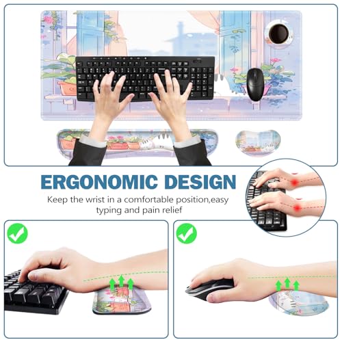 ToLuLu Extended Gaming Mouse Pad, Memory Foam Ergonomic Keyboard Mouse Wrist Rest Support Set, Large Desk Mat with Stitched Edges, Non-Slip Base Mousepad for Home Office and Game, Purple Cute Cat - color: Purple Cute Cat