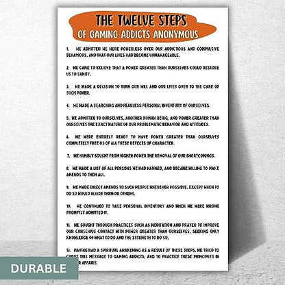 The 12 Steps of of GAA Gaming Addicts Anonymous Poster for Addiction Recovery - Twelve StepsGaming Addicts Anonymous Quotes Print - Addiction Therapy & Recovery - 11x17 in. LAMINATED - No Frame