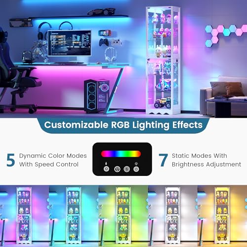 Dystler Display Cabinet with Glass Doors, 6 Tier RGB Lights Curio Cabinet | Adjustable Shelves, Human Sensor Lighting, Modern LED Display Case for Collectibles, White - color: White