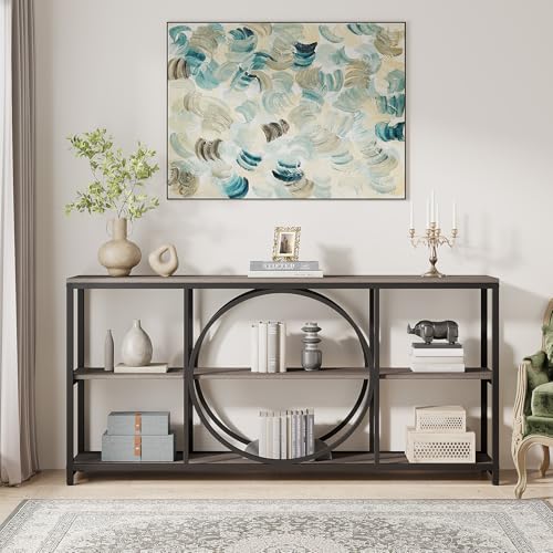 Tribesigns 70.9 inch Sofa Console Table, Extra Long Narrow Entryway Tables with 3 Tier Wood Storage Shelves Metal Frame for Foyer Hallway Living Room Behind Couch, Black Rustic Gray - color: Black Grey
