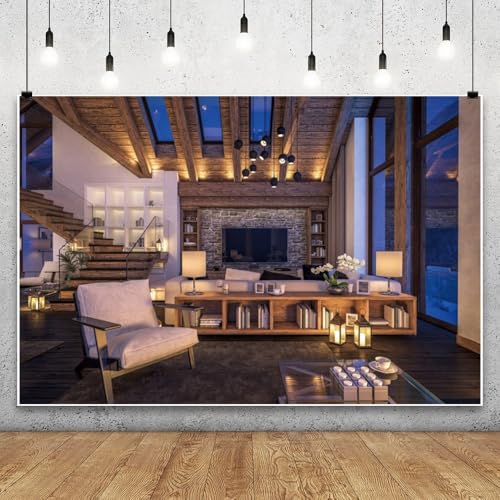 Yeele 6x4ft Living Room Backdrop Modern Cozy Apartment Night Living Room Sofa Wooden Staircase Photography Background for Live Video Online Meeting Video Conference Decor Photo Shoot Props - size: 6x4ft