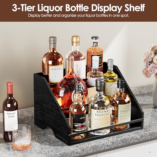 Nuovoware Liquor Bottle Display Shelf, 3 Step Countertop Liquor Wine Rack, Home Retro Shelf Stand for Mini Bar, Cabinet, Bar Essentials for Whiskey, Spirits, Coal Black - color: Coal Black, size: 3 Tier