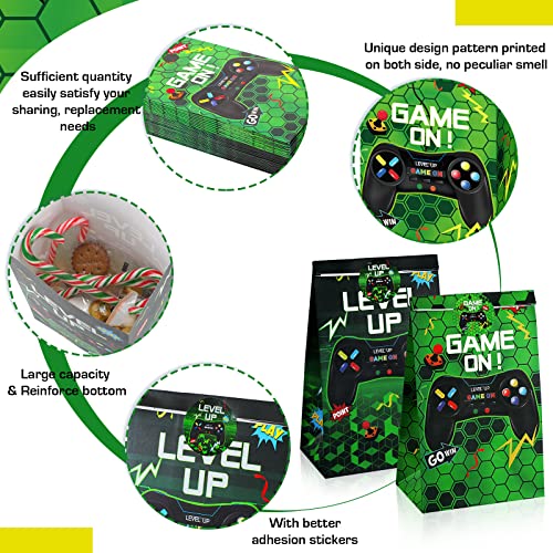 Geosar 30 Pack Video Game Party Favor Paper Bags Game on Goodie Candy Gift Bags with 30 Stickers Level up Reusable Goodie Treat Snacks Supplies for Boys Kids Gaming Birthday Party(Green) - color: Green