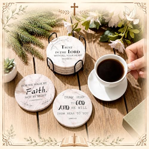 Domensi 8 Pcs Christian Coaster Set Ceramic Coaster with Bible Verse Religious Absorbent Coasters Marble Style Drink Cup Mat for Church Christian Decoration Table Protection - style: Marble