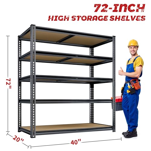 72"H Storage Shelves heavy duty Shelving, 2425LBS Garage Shelving, 5 Tier Metal Shelving Unit Adjustable Garage Shelves, Garage Storage Shelves for Warehouse Pantry Closet,40" W × 20" D × 72" H, Black - size: 72" H x 40" W x 20"D