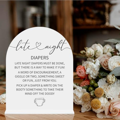 Late Night Diapers Sign Funny Baby Shower Diaper Game Sign Shower Reception Event Party Table Desk Acrylic Decor 8x10 Inch - color: late night diaper