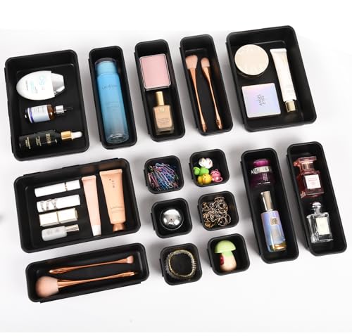 Kutesna 15 Piece Drawer Organizer Set, 3 Size Interlocking Plastic Storage Bins for Office Supplies, Jewelry Makeup Vanity, Bathroom Kitchen, Home Organization Closet, Gadgets Small Items, Black - color: Deep Black, size: 15 pieces