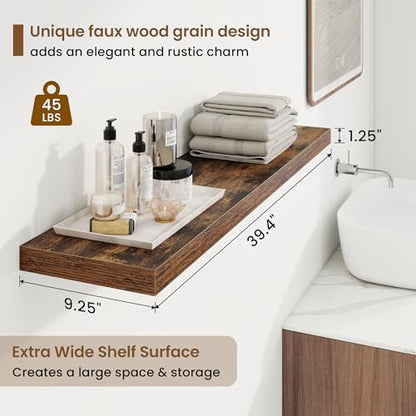 Marsmiles 40in Floating Shelves for Wall, 40" W x 9.25" D x 1.25" H, 2 Pack Long Wall Mounted Engineered Wood Shelves with Invisible Brackets for Living Room, Bedroom, Bathroom, Kitchen, Rustic Brown - color: Rustic Brown With Invisible Metal Brackets, si