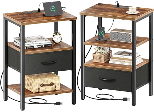 SUPERJARE Nightstand Set of 2, Bed Side Tables with Charging Station, Adjustable Fabric Drawer, Night Stand for Bedroom, 3-Tier Storage End Tables, for Living Room, Rustic Brown and Black - color: Rustic Brown and Black, size: M-2 (11.8"D x 15.7"W x 23.4"