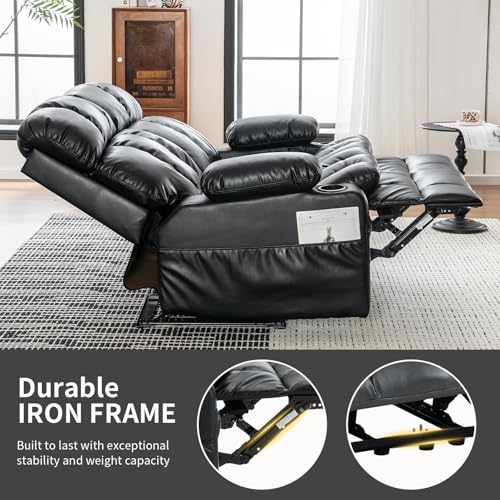 Loveseat Recliner Sofa with Massage & Heat, Wall Hugger Reclining Love seat with Adjustable Headrest, RV Double Recliner Couch with Cup Holders, Side Pockets, Home Theater Seating, Black - color: Black, size: Loveseat