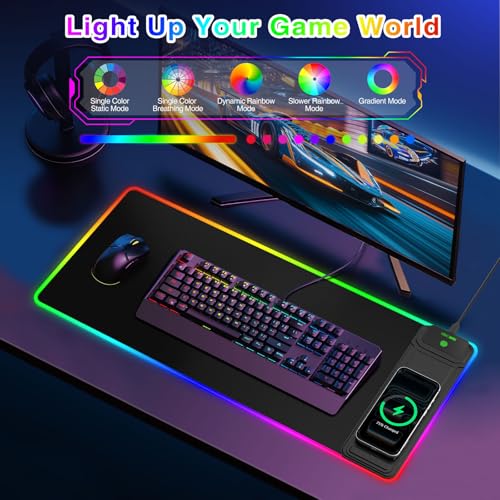 XXL RGB LED Gaming Mouse Pad with Magnetic Wireless Charging & Foldable Phone Holder, 31.5"x11.8" Extended Ultra-Smooth Desk Pad, 25 Lighting Effects, Non-Slip Base - color: RGB-31.5"x11.8"-Magnetic Stand-Right