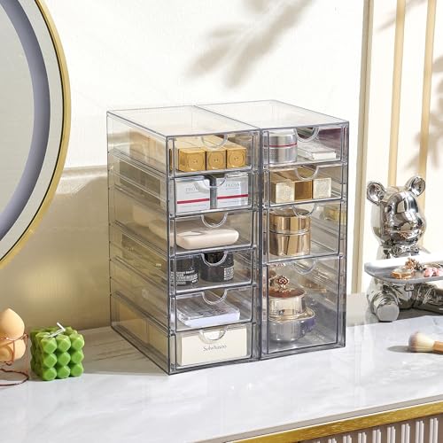 Prsildan Hair Accessories Organizer Acrylic Drawer with 10 Drawers | Clear, Craft Art Supply Storage, For Office Desk Bathroom Vanity Countertop, Set of 2 - style: 10 Drawers