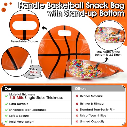 AKAIXI 24pcs 3.5Mil Thickened Basketball Snack Bags Reusable Sealed Bags | with Handle Stand-up Basketball Goodie Bags for Team Practice/Game Day Supplies, Gifts for Football Lovers Players Coache - color: Basketball