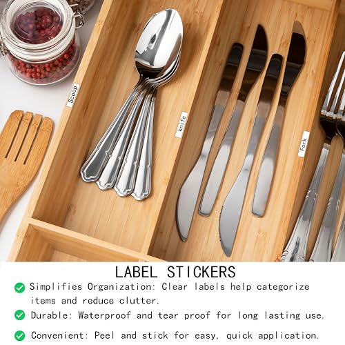100Pcs Self-Adhesive Drawer Divider Labels – Clear Address Stickers for Organized Storage – Bamboo Silverware Drawer Divider Labels