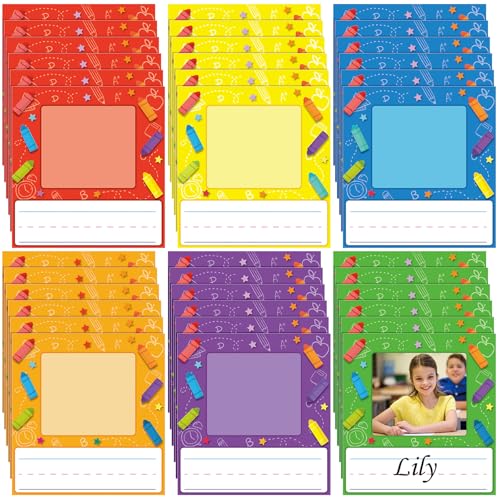 Feifeiya 36 Pcs Kids Photo Nameplates for Desk Kids Name Tags Labels Stickers with Photo Space Self-Adhesive Labels Bulletin Board Colorful Classroom Decoration for Desk Bins Cubbies Office (Crayon) - style: Crayon