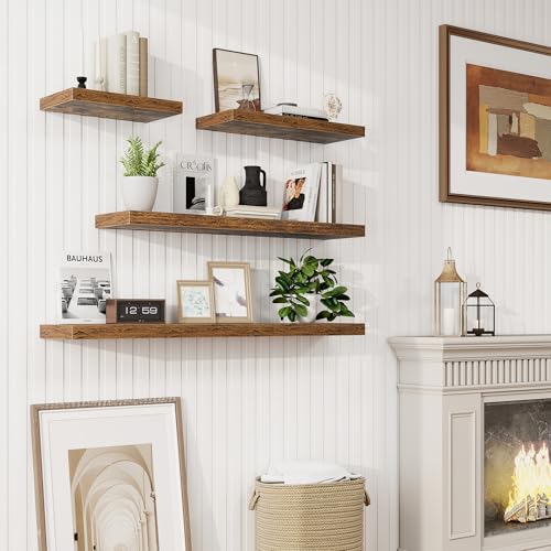 Marsmiles 48in Floating Shelves for Wall, 48" W x 9.25" D x 1.25" H, 2 Pack Long Wall Mounted Engineered Wood Shelves with Invisible Brackets for Living Room, Bedroom, Bathroom, Kitchen, Rustic Brown - color: Rustic Brown With Invisible Metal Brackets, si