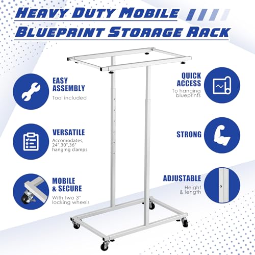 Kolldenn Mobile Blueprint Storage Rack Adjustable Holder with 6 Pcs Blueprint Clamps 4 Wheels Storage Organizer Stand for File Display Plan Office Home(24 Inch) - size: 24 Inch