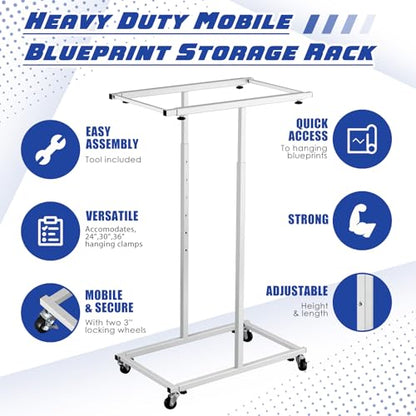 Kolldenn Mobile Blueprint Storage Rack Adjustable Holder with 6 Pcs Blueprint Clamps 4 Wheels Storage Organizer Stand for File Display Plan Office Home(24 Inch) - size: 24 Inch
