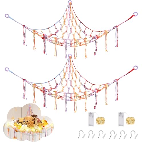 CERETIA Stuffed Animal Hammock with LED Light, Large Stuffed Animals Storage Corner Plushie Net for Kids Room Decor, 2 Packs Rainbow - color: Rainbow, size: Large-(Package of 2)