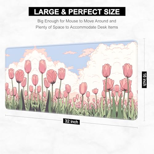 Desk Pad, 32" x 16" XXXL Extended Large Gaming Mouse Pad, Desktop Decor Desk Mat, Men Women Office Supplies and Accessories, Cute Anime Mouse Mat for Laptop & Keyboard, Pink Tulip - color: A-pink Tulip