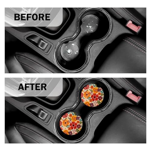 Floral Car Coasters for Cup Holders Set of 2 Colorful Flowers Absorbent Ceramic Cup Coaster 2.63" Non-Slip Cork Base Drink Coasters with Finger Notch Car Accessories Interior - color: Colorful Flowers