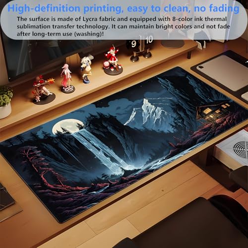 Full Moon Anime Desk Mat, Waterfall Mountain Extended Gaming Mouse Pad XL | Scenic large desk mat featuring a magical full moon, glowing waterfall, and snowy peaks. Perfect for cozy setups. - color: Full Moon