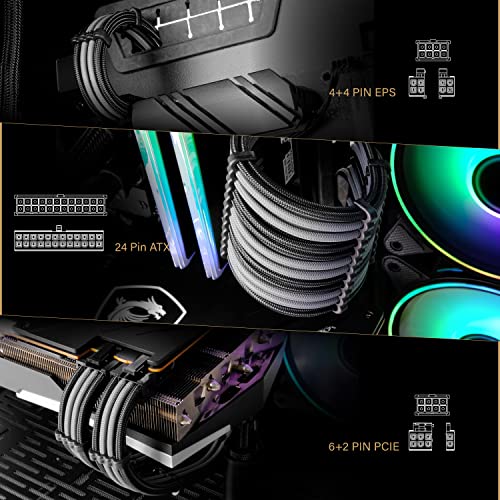 EZDIY-FAB PSU Extension Cable Sleeved Custom Mod PC Power Supply Cable, Soft Nylon Braided with Comb Kit 24PIN/8PIN to 6+2Pin/ 8PIN to 4+4PIN-30CM - Black Grey - color: Black Grey